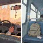 Ilustración en dos paneles: a la izquierda, interior de un taxi en San Salvador con un rosario colgando del retrovisor; a la derecha, pasillo de autobús interurbano en EE. UU. con una mochila y una sudadera doblada en los asientos.