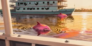 Vista desde la baranda de una gran lancha amazónica al atardecer, con dos bufeos colorados emergiendo cerca en el río.