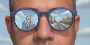 Primer plano con gafas de sol que reflejan un castillo y una calle principal de parque temático, cielo diurno con nubes.