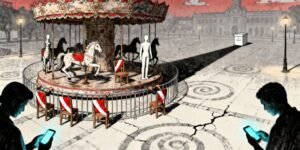 Ilustración editorial de un carrusel con maniquíes presidenciales y ciudadanos con smartphones, simbolizando la crisis política cíclica en Perú.