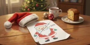 Dibujo infantil de Santa Claus tachado sobre una mesa navideña con gorro, panetón y chocolate, ilustrando un texto sobre el final del mito de Santa.