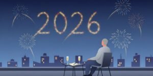 Ilustración editorial de un hombre con cabello rapado gris sentado en una azotea de noche, contemplando fuegos artificiales que forman el número 2026 sobre una ciudad latinoamericana, con un cuaderno y dos copas de champaña a su lado.
