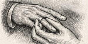 Ilustración en estilo de grabado en blanco y negro que muestra un plano detalle de una mano de mujer colocando un anillo de matrimonio en el dedo anular de la mano de un hombre.