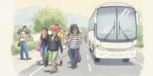 Ilustración periodística en estilo acuarela que muestra a un grupo de migrantes venezolanos caminando por una carretera junto a un autobús, cargando maletas y bolsos pesados bajo el sol.