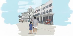 Ilustración en estilo acuarela de un hombre adulto y un niño pequeño vistos de espaldas, parados en una calle con edificios clásicos y mototaxis al fondo.