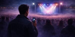 lustración de un hombre de espaldas en un concierto nocturno, sosteniendo un celular antiguo mientras observa un escenario iluminado a lo lejos entre una multitud difusa.